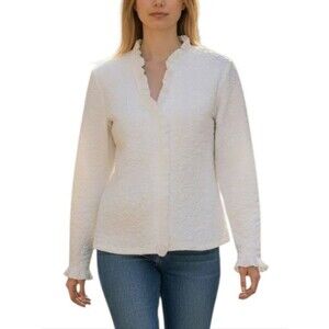 Ravel Textured White Ruffle Trimmed Zip Front Cardigan